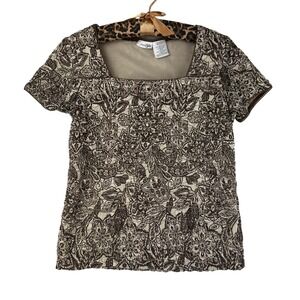 East 5th Blouse Womens Medium Regular Brown Floral Top Lace Square Neck Poly